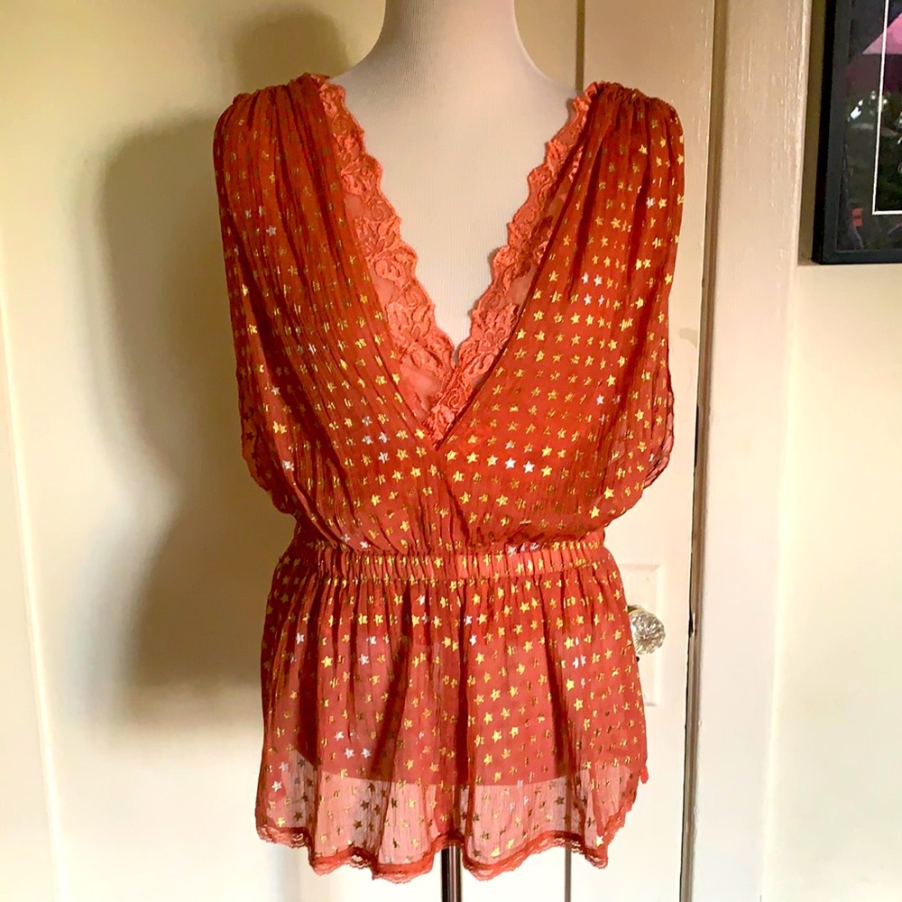 FREE PEOPLE LACE & CHIFFON TOP W/ ELASTIC WAIST